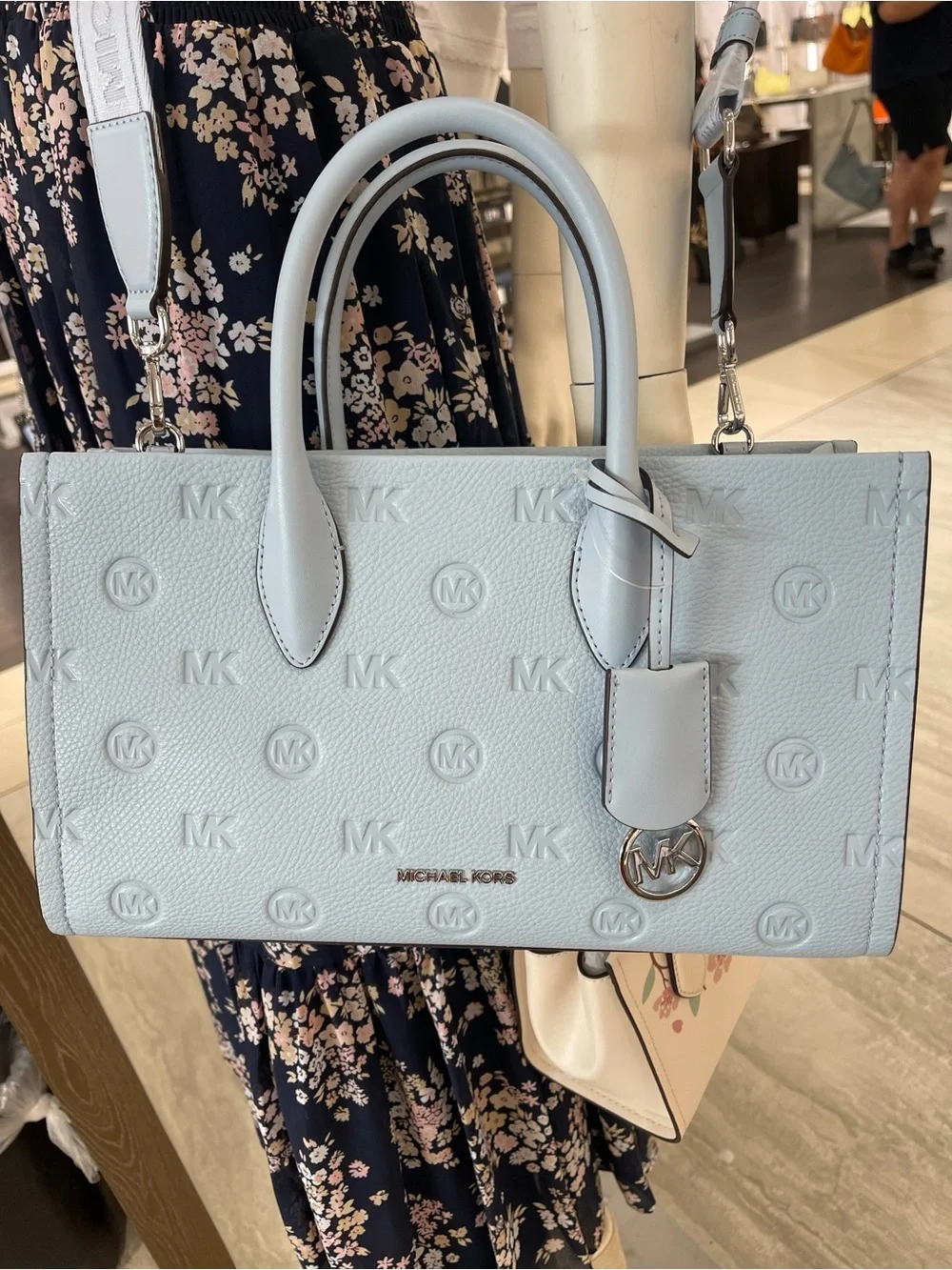Michael Kors Mirella Md Logo Debossed EW Top Zip Satchel Shouldr Tote Pale Ocean